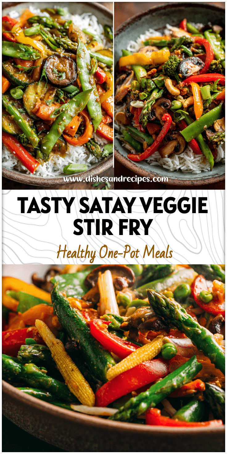 Colorful satay vegetables and rice stir fry served in a rustic bowl showcasing fresh seasonal produce.